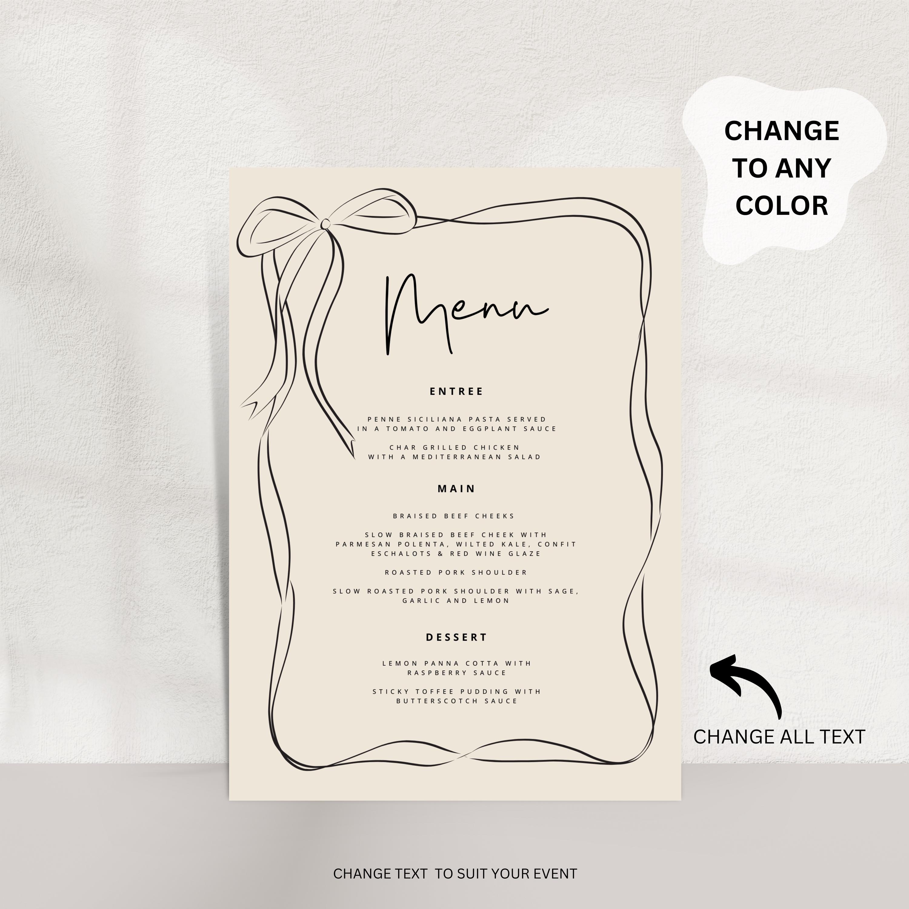 Whimsical Wedding Menu Template Printable, Beige Menu Handwritten ...