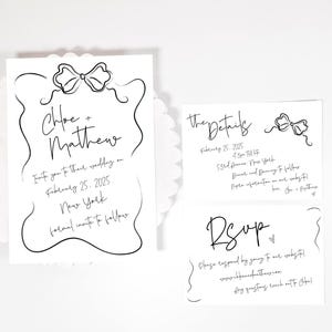 Wedding Invitation Suite Template, Hand drawn, Scribble Illustration, Handwritten French Style Pretty Bow Save the Date Editable Invitation