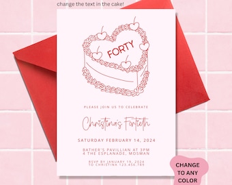 Illustrated 40th Birthday Invitation Template, Heart Cake Invitation Hand Drawn Illustration 40th birthday Invites, Forty Invite template