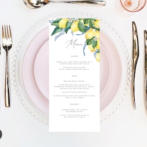Lemon wedding menu cards, lemon floral menu template, bridal shower lemon menu, Italian tiles menu card, Italian wedding menu et153