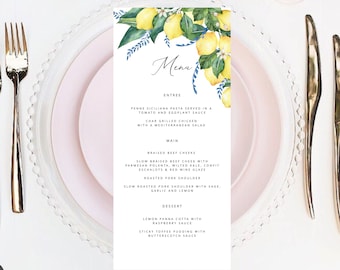 Lemon wedding menu cards, lemon floral menu template, bridal shower lemon menu, Italian tiles menu card, Italian wedding menu et153