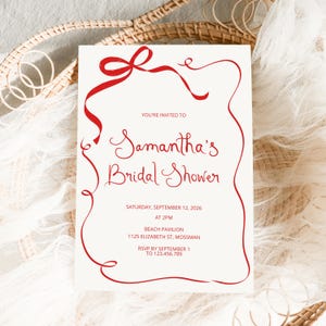 Red Bridal shower invitation template, Tying the knot Bridal Shower Invitation, bow Bridal Invite, Whimsical party invite Bow bridal brunch
