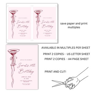 May include: Pink birthday party invitations with a martini glass illustration and the text "Sarah's 30th Birthday." The invitations are available in multiples per sheet, with options for US Letter and A4 page sizes. The image also includes instructions to print and cut.