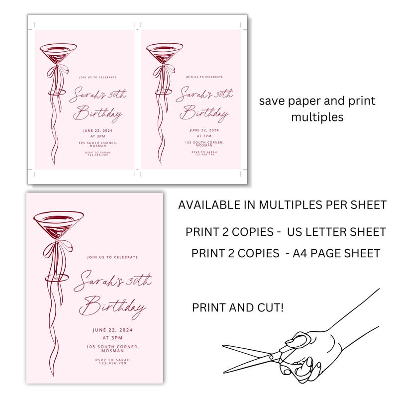 May include: Pink birthday party invitations with a martini glass illustration and the text "Sarah's 30th Birthday." The invitations are available in multiples per sheet, with options for US Letter and A4 page sizes. The image also includes instructions to print and cut.