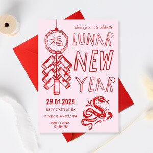 Chinese New Year Invitation Template, 2025 Snake New Year, Lunar New Year 2025, Chinese Celebration for Friends Party Invite pink New year