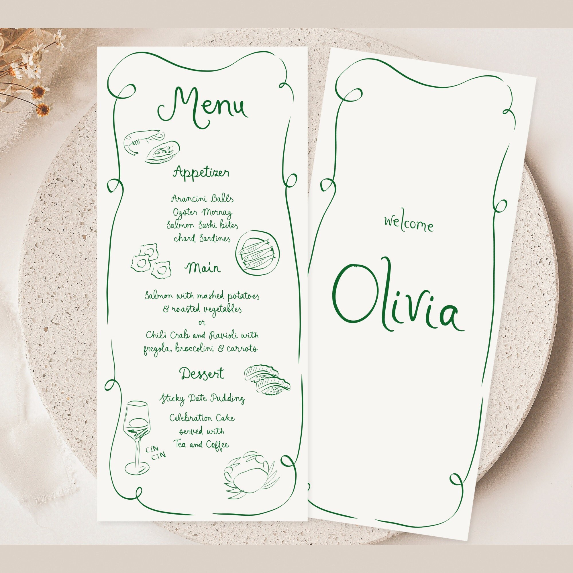 Whimsical Wedding Menu Template printable, Hand drawn line art illustrated wedding party food menu, Modern wedding menu scribble menu icons