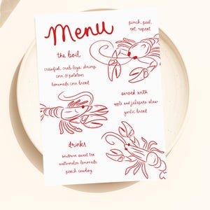 Whimsical Crawfish boil Menu Template printable, Hand drawn line art illustrated crawfish party food menu, seafood menu scribble menu icons