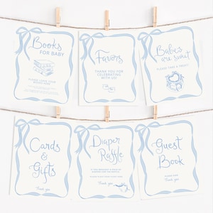 Blue bow Baby Shower Baby Shower Sign Pack Whimsical, Blue Beige bow Border Template Editable Baby Shower boy blue baby shower signs drawn