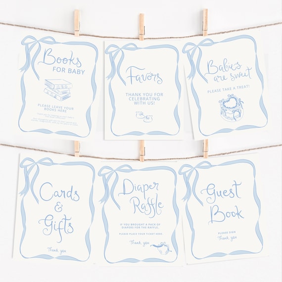 Blue bow Baby Shower Baby Shower Sign Pack Whimsical, Blue Beige bow Border Template Editable Baby Shower boy blue baby shower signs drawn