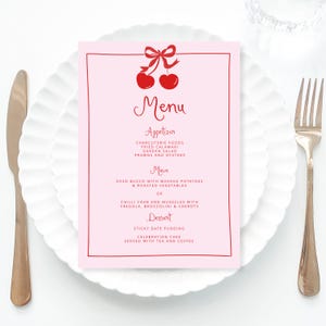 Cherry on top Pink Bridal Shower Menu Template printable, Hand drawn line art illustrated wedding menu, Pink cherry menu pink scribble menu