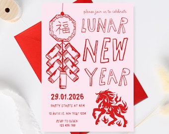 Chinese New Year Invitation Template, 2026 Fire Horse New Year, Lunar New Year 2026, Chinese Celebration for Friends Party Invite Pink & red