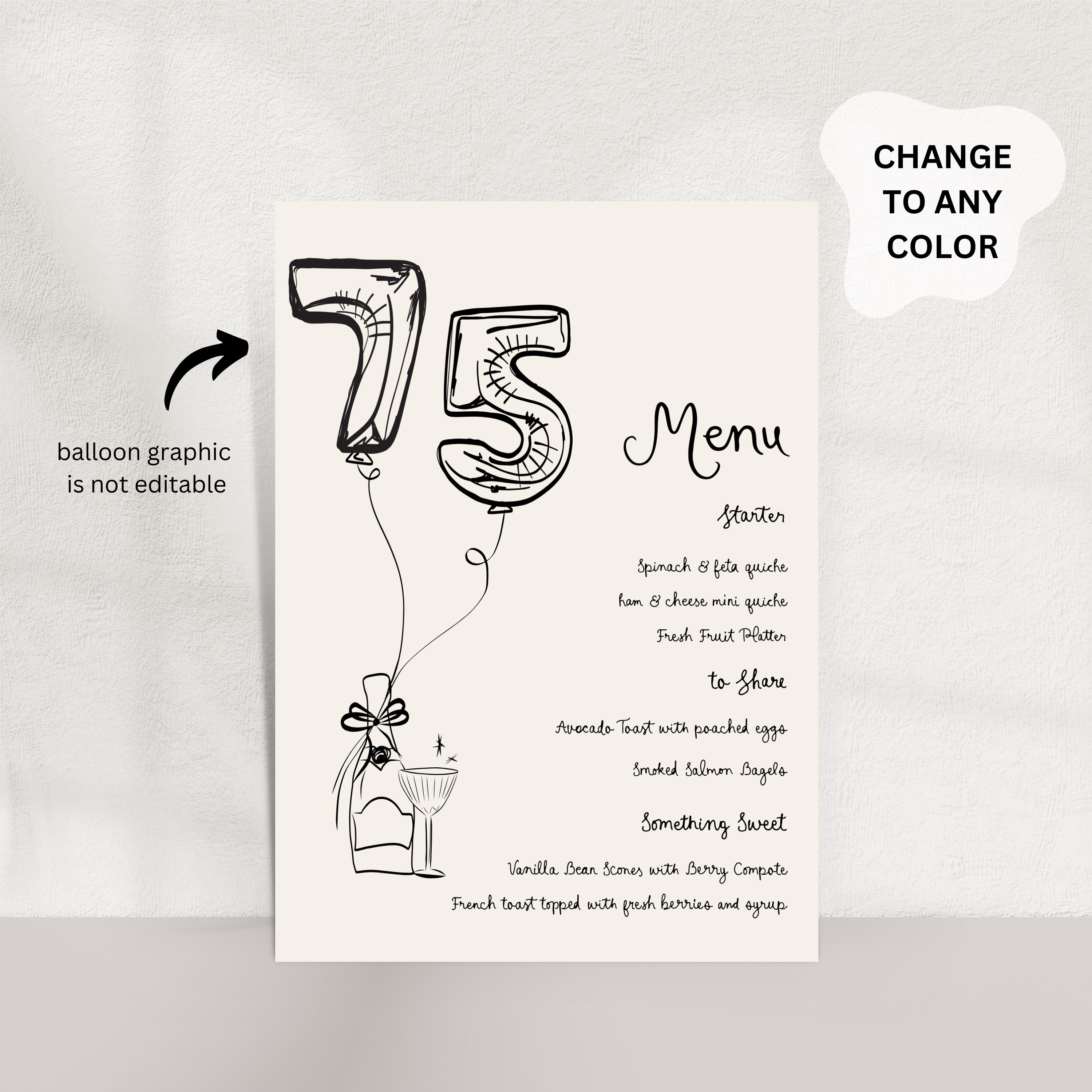 75th Birthday Menu Template Printable, Hand Drawn Dinner Menu for 75th ...