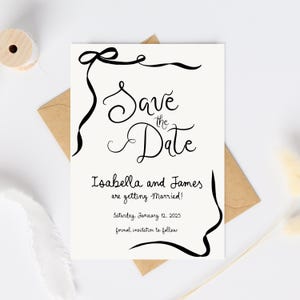 Save the Date invitation whimsical handdrawn, Modern Save the Date, Editable Wedding Save The Date Template, Save the date drawn wedding bow
