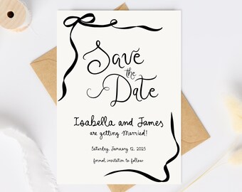 Save the Date invitation whimsical handdrawn, Modern Save the Date, Editable Wedding Save The Date Template, Save the date drawn wedding bow