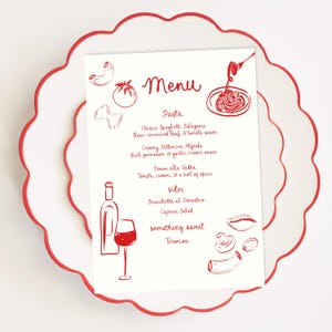 Red Italian Inspired Menu Template printable, Hand drawn illustrated pasta party dinner food menu, Whimsical menu scribble Italian menu