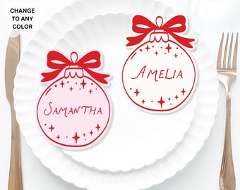 Christmas bauble red Bow Place Cards Template, Whimsical PlaceCard, Bow Place Card, Fancy Bridal shower placecard, Christmas Bow placecard