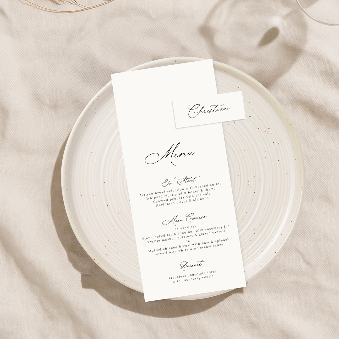 Elegant Wedding Menu & Place Card Set | Minimalist Script Menu 4x9" and ...