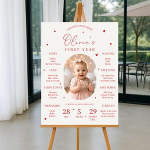 May include: A personalized sign on an easel, featuring a baby's photo and details. The sign includes the text "Olivia's First Year," along with information about the baby's likes, nicknames, and measurements: 28 lbs, 5 teeth, and 29 inches tall.
