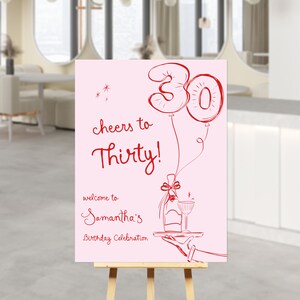 May include: Pink birthday party sign with red text that says "Cheers to Thirty!" and "Welcome to Samantha's Birthday Celebration". The sign also features a drawing of two red balloons shaped like the number 30 and a bottle of champagne on a tray.