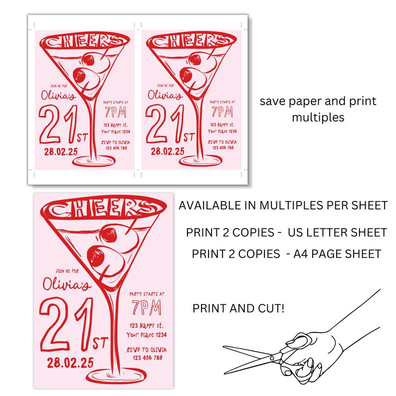 May include: Printable 21st birthday party invitation featuring a red martini glass with olives and the text "Cheers" and "Olivia's 21st" with the date "28.02.25". The invitation has a pink background and red text.