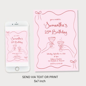 May include: A pink and red 5x7 inch invitation for a 25th birthday party. The invitation features a stylized illustration of two hands holding champagne glasses. The text reads "You're invited to Samantha's 25th Birthday. Saturday, September 12, 2026 at 7pm. Bather's Pavilion, 1125 Elizabeth St. Mossman. RSVP to 123.456.789."