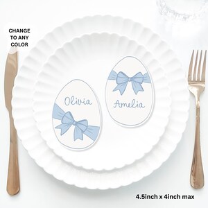 Easter Egg Blue Bow Place Cards Template, Whimsical PlaceCard, Bow Place Card, Easter Bunny placecard, Easter Bow placecard match invite