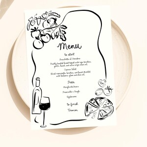 Italian Inspired Menu Template printable, Hand drawn line art illustrated pizza party food menu, Whimsical menu scribble Italian menu