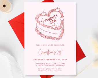 21st Birthday Invitation, Minimalist Twenty One Birthday Invite, Editable Adult Party Invitation, Heart cake retro birthday 21st Template