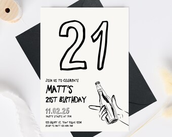 21st Birthday Invitation, Cheers Twenty One Birthday Invite, Male 21st Adult Party Invitation Simple Printable 21 Template, Beer 21st invite