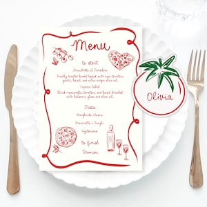 Red Italian Inspired Menu Template printable, Hand drawn art illustrated pizza party food menu, Tomato palcecard menu scribble Italian menu