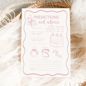 Predictions and Advice Baby Shower Games, Whimsical pink Beige wave Border Template Editable Baby Shower girl pink baby shower game drawn