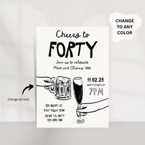 Może przedstawiać: Czarno-biała ilustracja kufla piwa i kieliszka szampana, z tekstem "Cheers to Forty" i "Join us to celebrate Matt and Olivia's 40th". Data "11.02.25" i godzina "7PM" są r&oacute;wnież zawarte. Tekst "Change to any color" znajduje się w osobnym polu.