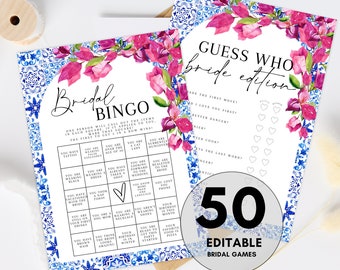 Puede incluir: Dos tarjetas de juego de despedida de soltera imprimibles con un diseño floral. La primera tarjeta es una tarjeta de bingo nupcial con un corazón rosa en el centro. La segunda tarjeta es un juego de adivinanzas con el texto "Adivina quién es la novia". Ambas tarjetas tienen un patrón de azulejos azules y blancos en el fondo.