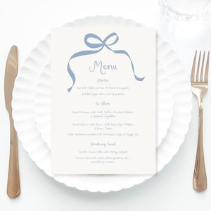 Easter brunch Menu Template printable, blue Kitchen tea menu, easter menu, bridal tea party menu bow whimsical menu for bridal shower