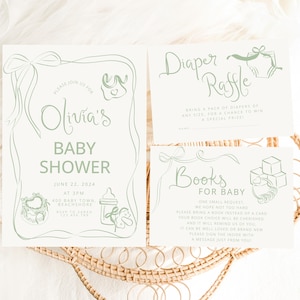 Hand Drawn Baby Shower Invitation Template, Whimsical bow baby shower Handwritten green invite Whimsical Baby Brunch Bow Baby neutral invite