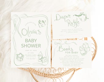 Hand Drawn Baby Shower Invitation Template, Whimsical bow baby shower Handwritten green invite Whimsical Baby Brunch Bow Baby neutral invite