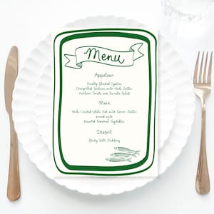 Sardine Italian Inspired Menu Template printable, Hand drawn illustrated sardine party food menu, Whimsical menu scribble Italian menu green
