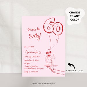 60th Birthday Invitation Template, 60th birthday invite, Hand Drawn Illustration 60th birthday Invites, Whimsical Sixty Invite template image 4