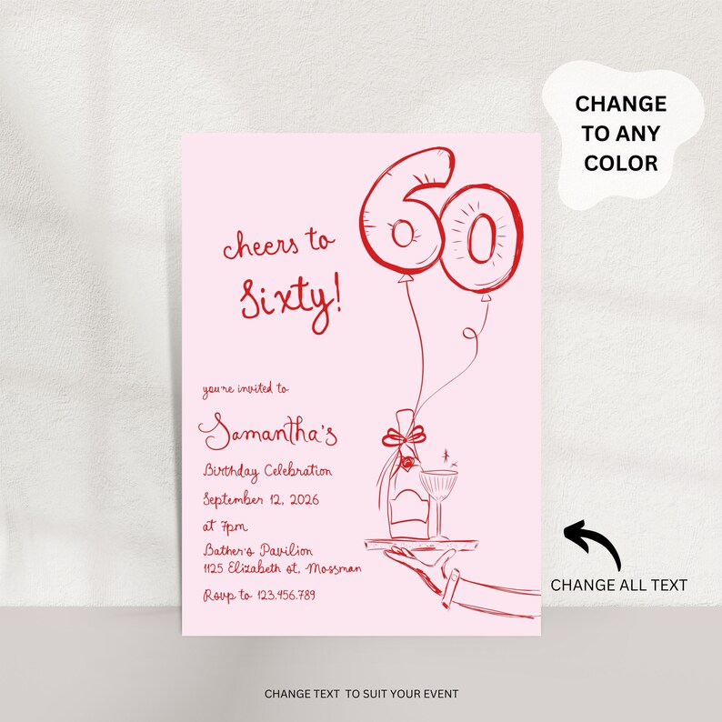 60th Birthday Invitation Template, 60th birthday invite, Hand Drawn Illustration 60th birthday Invites, Whimsical Sixty Invite template image 4