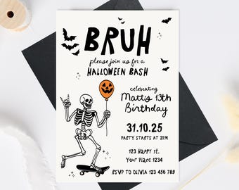 Puede incluir: Invitación a una fiesta de Halloween con un esqueleto en monopatín sosteniendo un globo naranja con forma de calabaza. La invitación dice "BRUH, únete a nuestra fiesta de Halloween" y celebra el 13 cumpleaños de Matt.