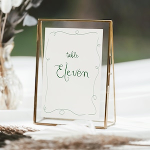 Green Table Number Template, Printable Whimsical Table Numbers, Table Numbers Wedding, French style drawn Table Number, retro wedding