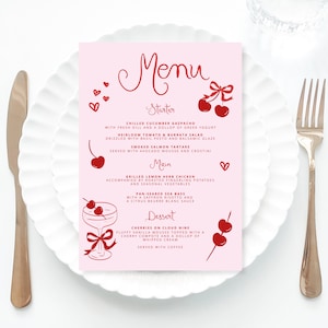 Cherry on top Pink Bridal Shower Menu Template printable, Hand drawn line art illustrated wedding menu, Pink Wedding menu pink scribble menu