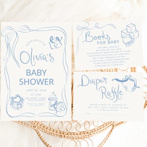 Hand Drawn Baby Shower Invitation Template, Whimsical bow baby shower, Handwritten blue invite Whimsical Baby Brunch Bow Baby Boy invitation
