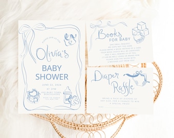 May include: Blue and white baby shower invitation cards with illustrations of a baby bottle, a rattle, a bow, and a diaper. The text on the cards reads "Olivia's Baby Shower", "June 22, 2024", "Books for Baby", and "Diaper Raffle".