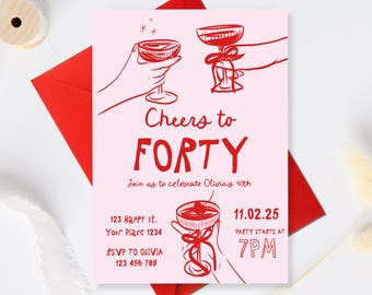 40th Birthday Invitation Template, 40th birthday invite, Hand Drawn Illustration 40th birthday Invites, Whimsical Forty Invite template
