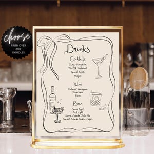 Beige bow Drink Bar Menu Template printable, Hand drawn line art illustrated bar menu, Wedding menu Editable scribble menu French style