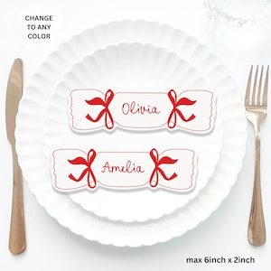 Red Christmas Place Cards Template, Christmas Whimsical PlaceCard, Bow Cracker Place Card, Bow Editable Table, Fancy Christmas placecard