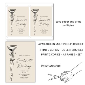 May include: Beige birthday invitation with a martini glass illustration and the text "Sarah's 30th Birthday". Includes date, time, and location details. The design is available in multiples per sheet, with options for US Letter and A4 page sizes.