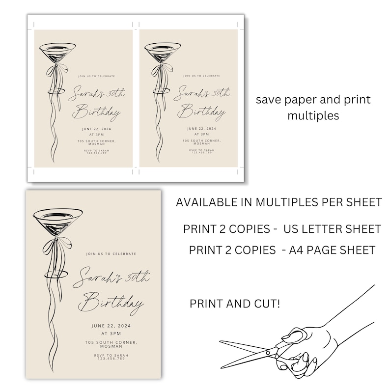 May include: Beige birthday invitation with a martini glass illustration and the text "Sarah's 30th Birthday". Includes date, time, and location details. The design is available in multiples per sheet, with options for US Letter and A4 page sizes.