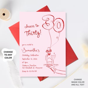 30th Birthday Invitation Template, 30th birthday invite, Hand Drawn Illustration 30th birthday Invites, Whimsical Thirty Invite template
